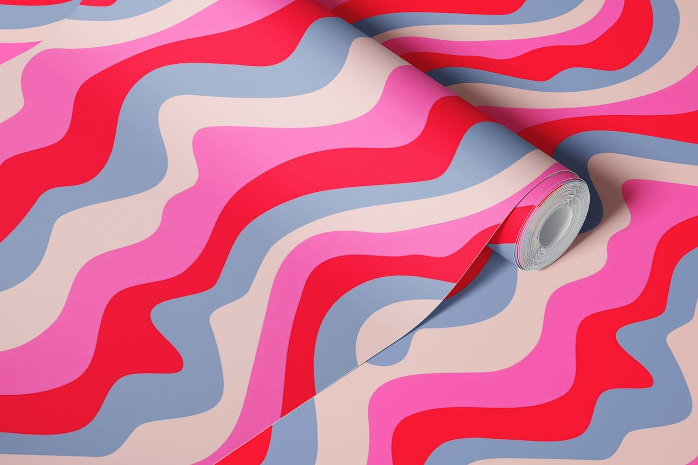 GOOD VIBRATIONS Mod Wavy Stripes Fuchsia Red wallpaper roll