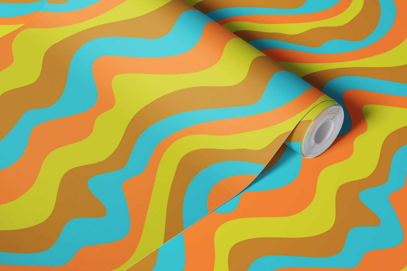 GOOD VIBRATIONS Mod Wavy Stripes Orange Lime wallpaper roll