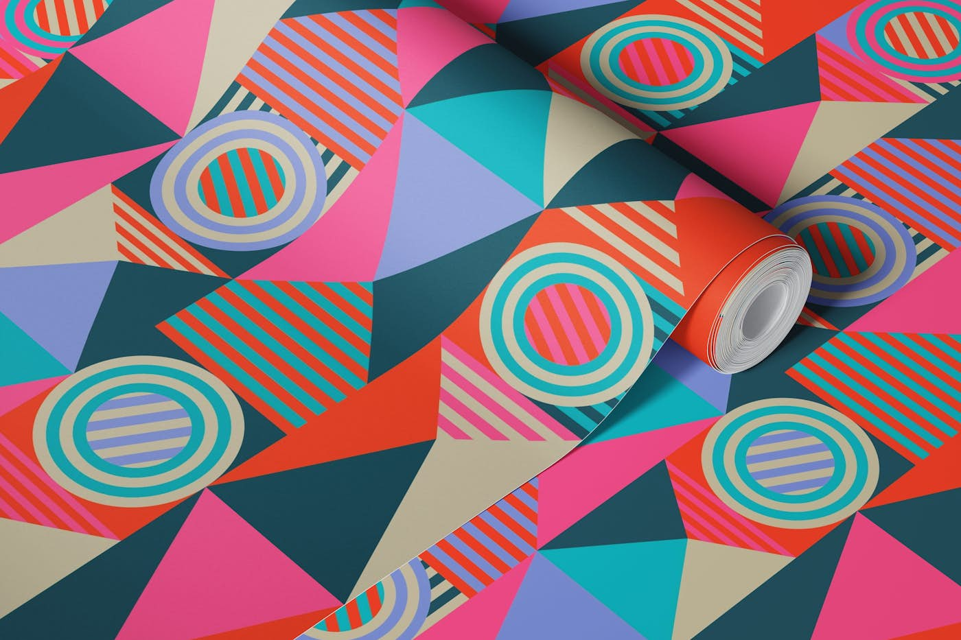 GRIDS AND CIRCLES Bright Postmodern Geometric wallpaper roll