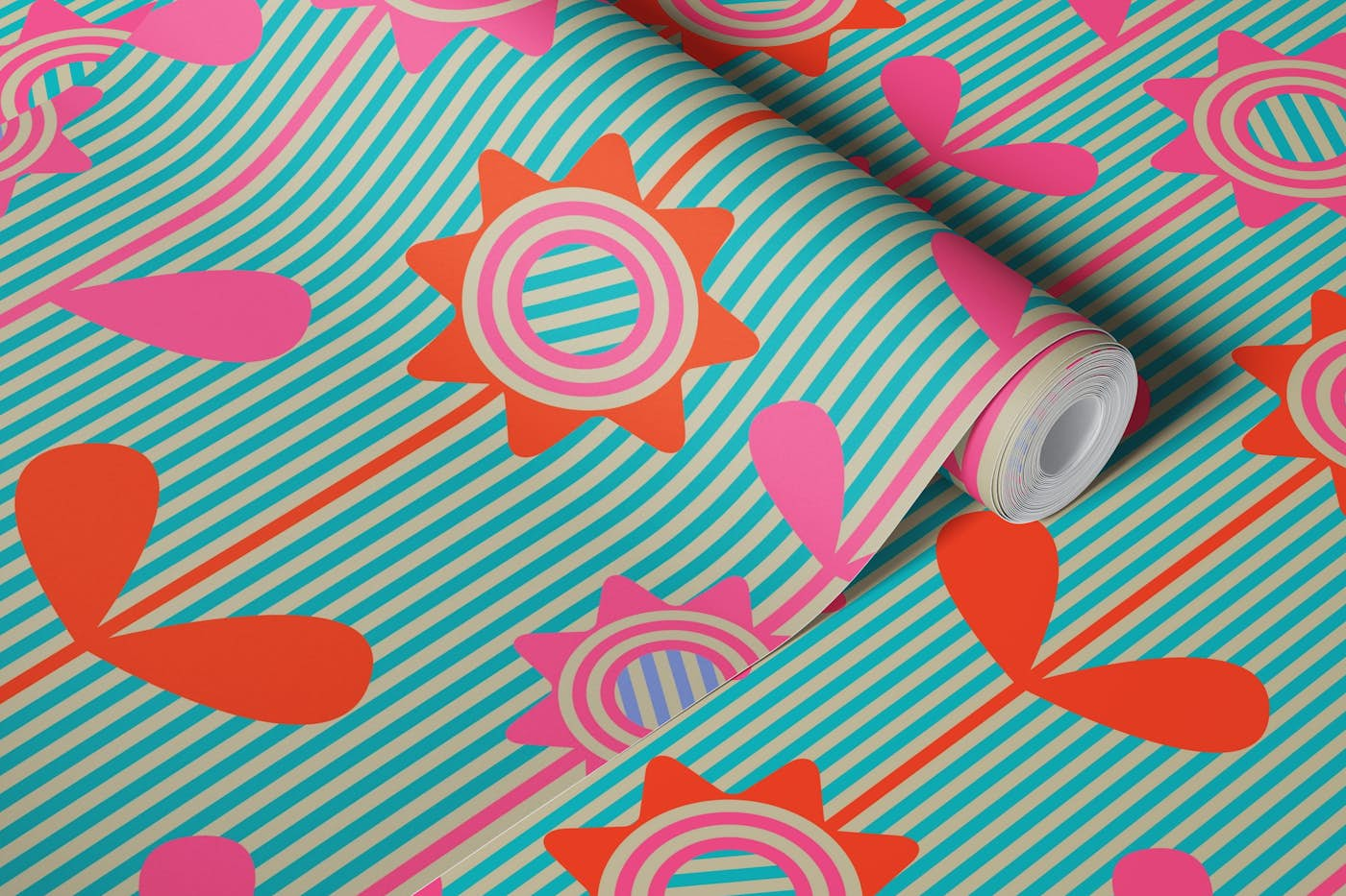 FLOWERED STRIPES Bright Retro Mod Floral wallpaper roll