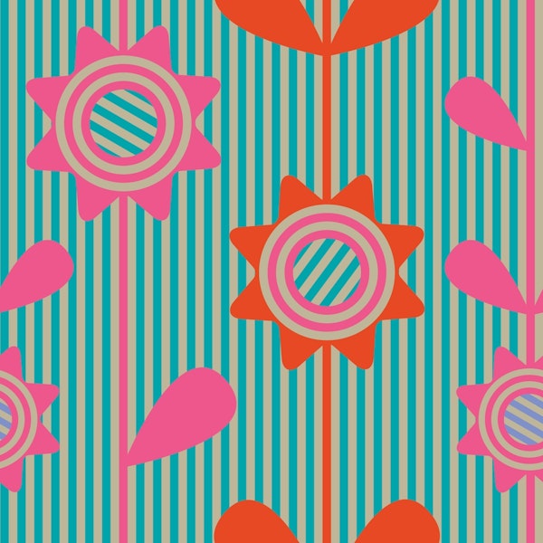 FLOWERED STRIPES Bright Retro Mod Floral