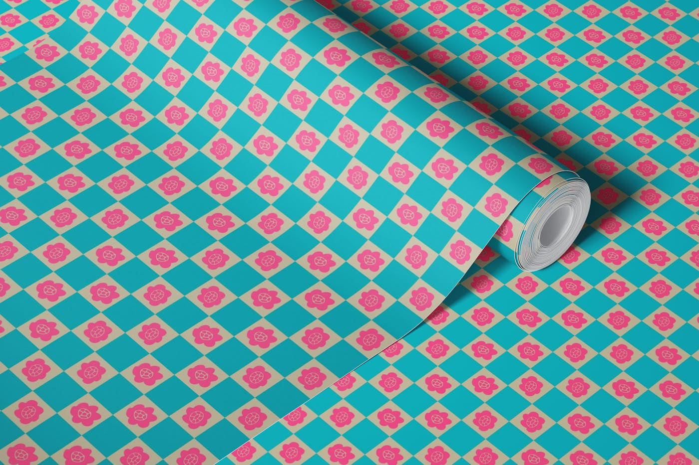 SMALL FLOWER CHECKERBOARD Pink Aqua Floral wallpaper roll