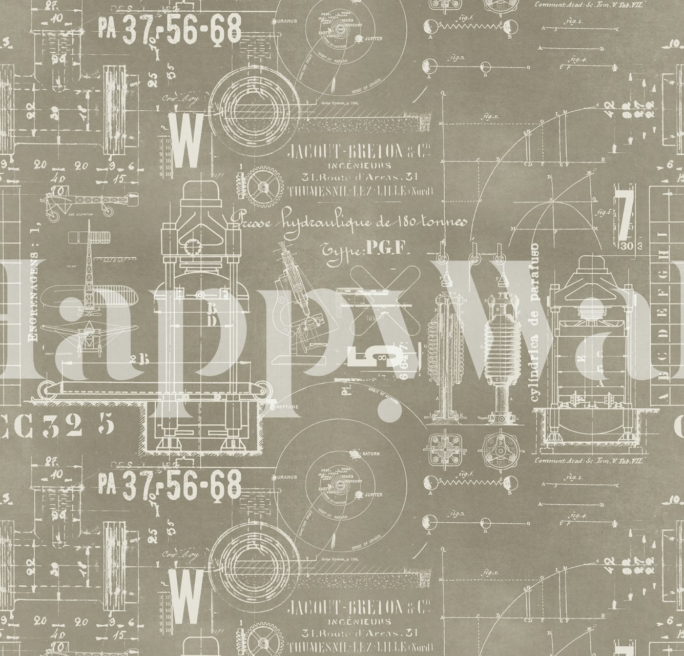 Technical drawing pattern in beige and white wallpaper