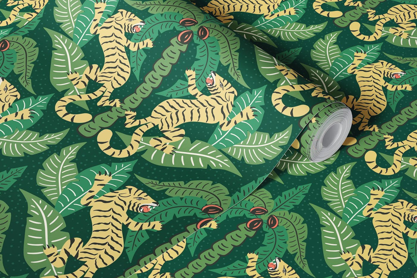 Tiger Damask - yellow and green wallpaper roll