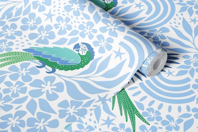 Parrot Fantasy - blue and greenwallpaper roll