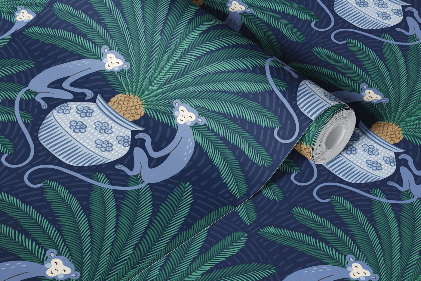 Sago Palm and Monkey - dark blue wallpaper roll