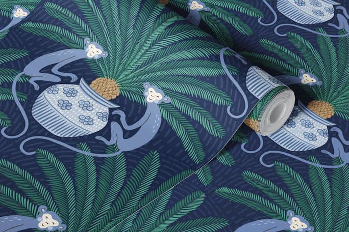 Sago Palm and Monkey - dark bluewallpaper roll