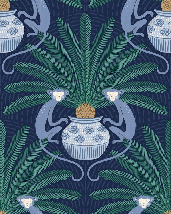 Sago Palm and Monkey - dark blue