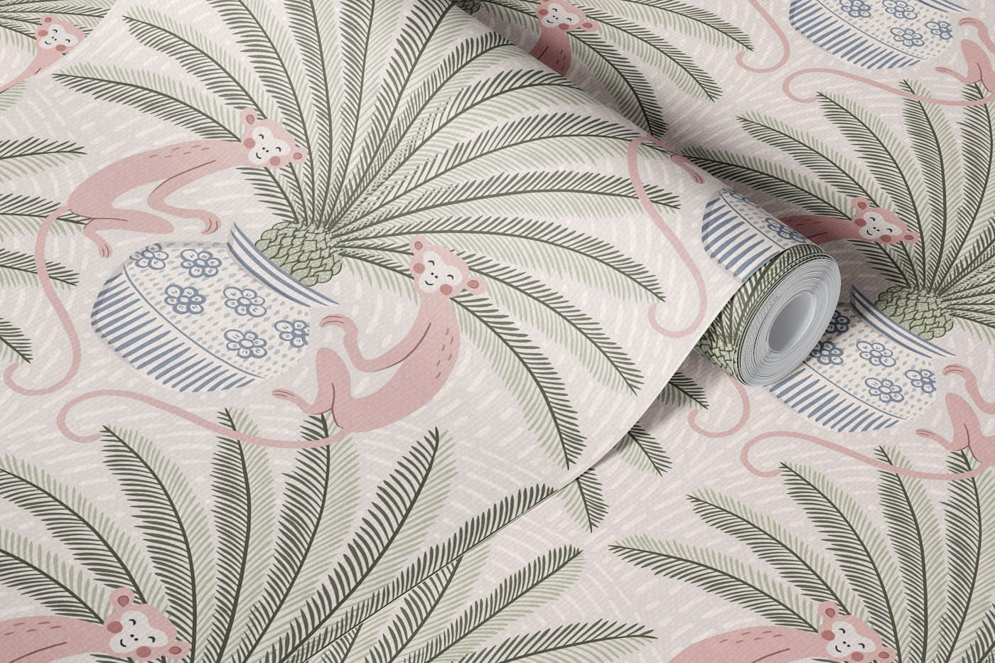 Sago Palm and Monkey - dusty pink wallpaper roll