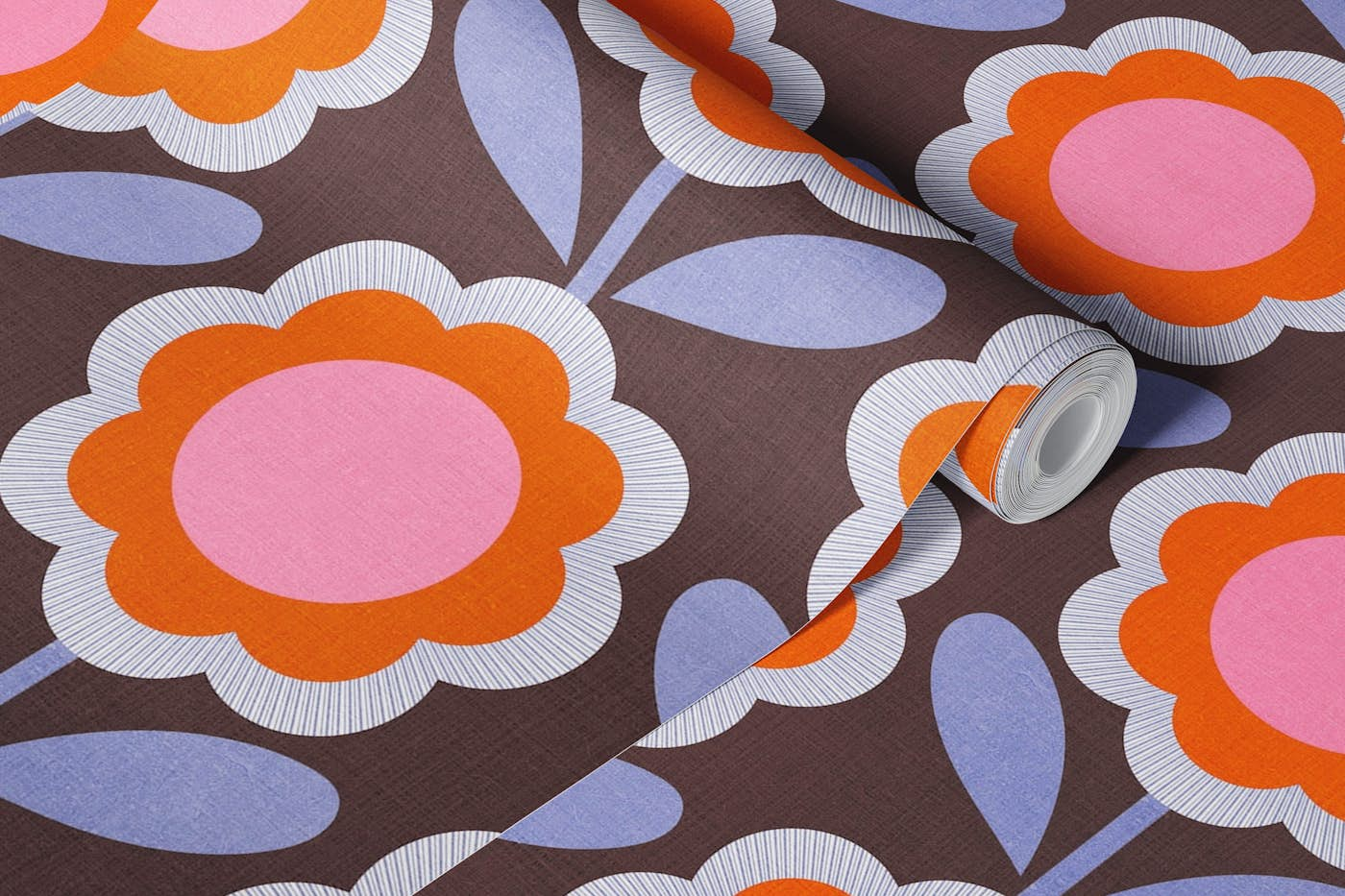 Hello Retro Daisy Flowers in Bloom 3. Brown wallpaper roll