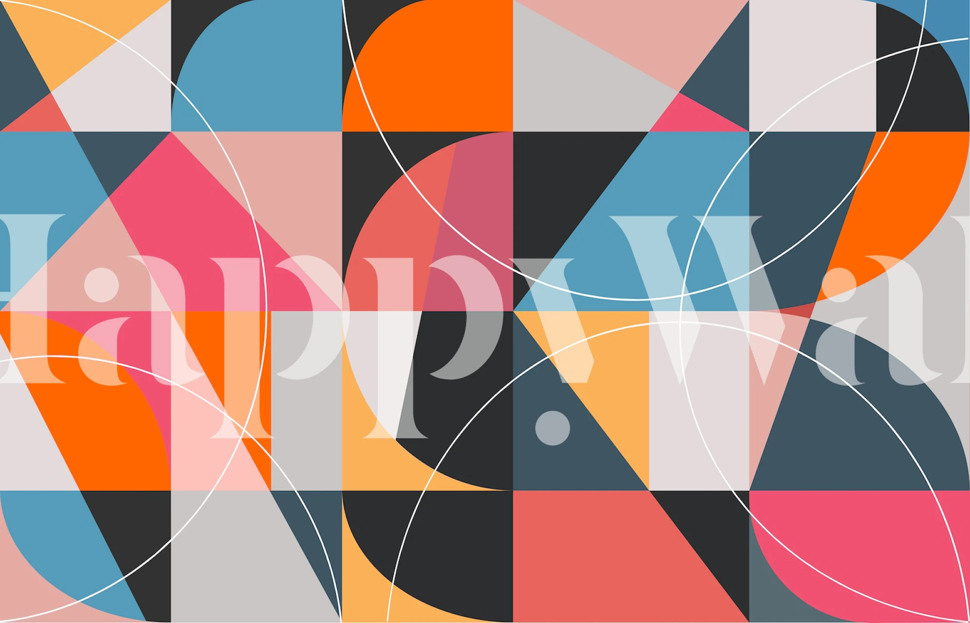 Colorful geometric patterns with triangles and half circles in pink, blue, orange, and gray wallpaper