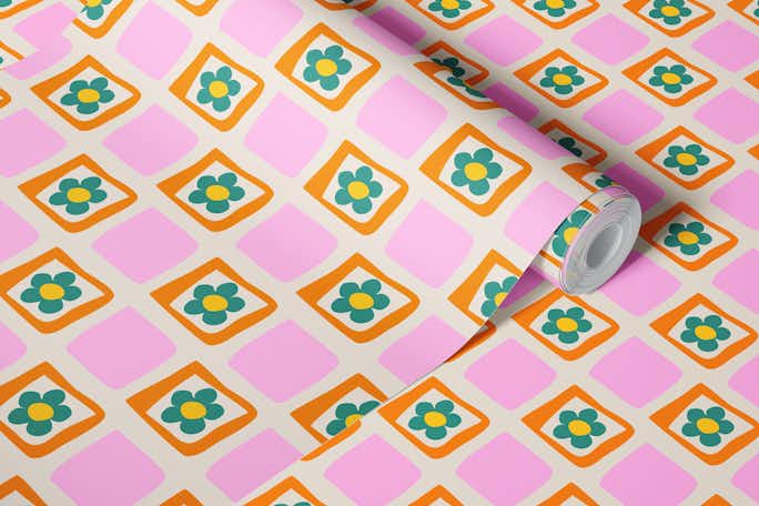 Retro Floral Blooms Check in Pink and Orangewallpaper roll
