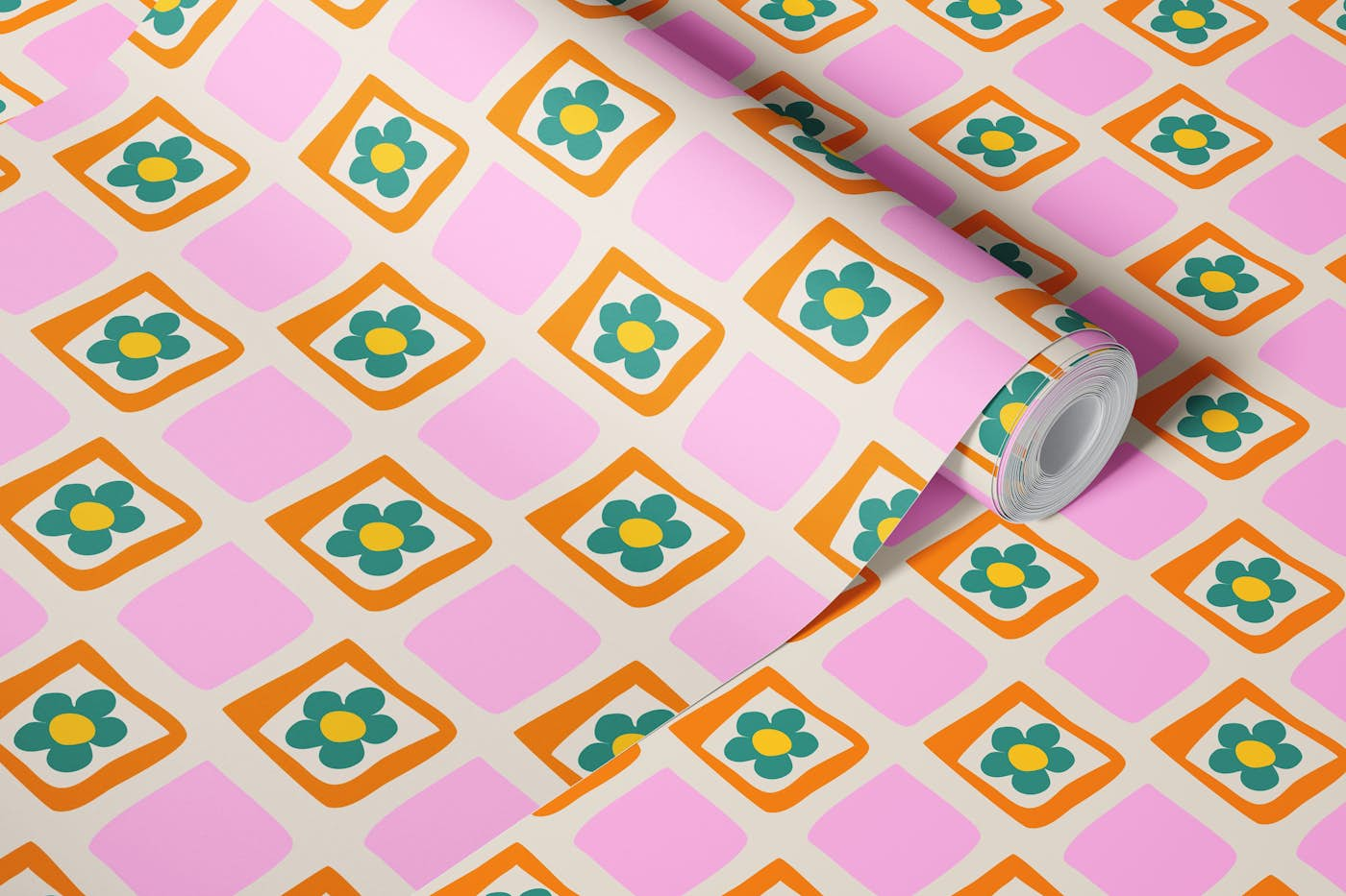 Retro Floral Blooms Check in Pink and Orange wallpaper roll