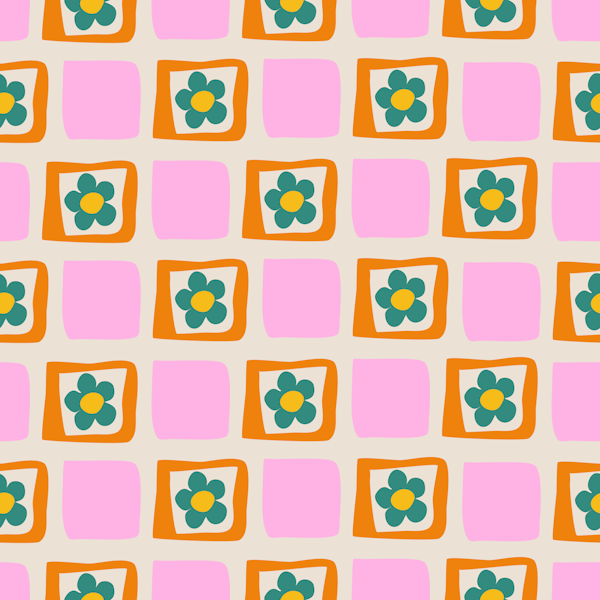 Retro Floral Blooms Check in Pink and Orange