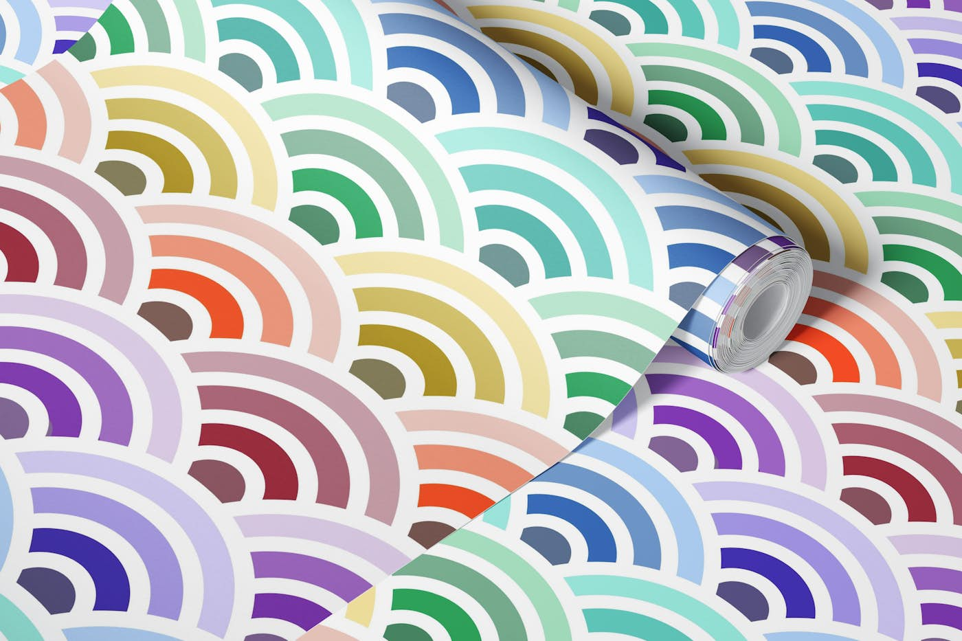 Seigaiha wave motif in Rainbow Colors 2 wallpaper roll