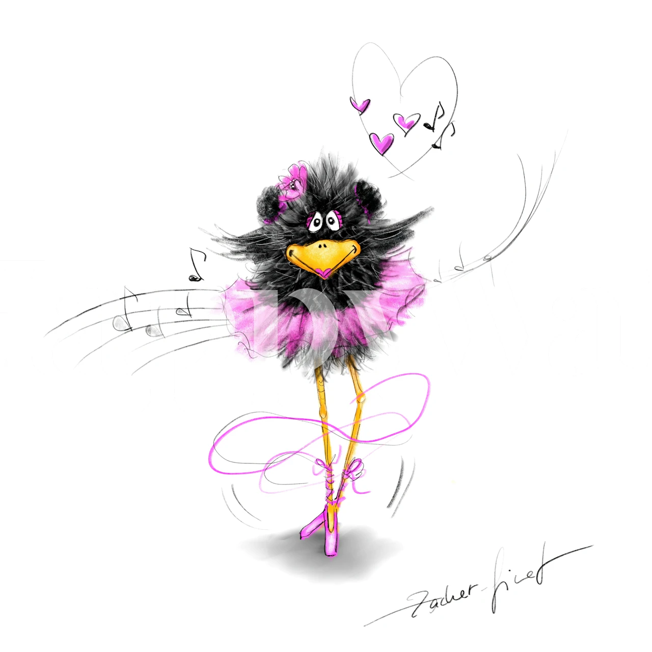 Animated raven ballerina in pink tutu dancing with hearts and music notes illustration.