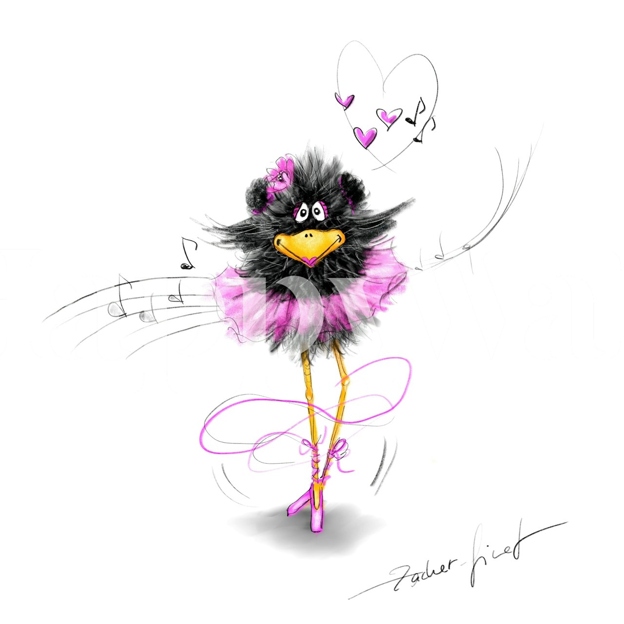 Animated raven ballerina in pink tutu dancing with hearts and music notes illustration.