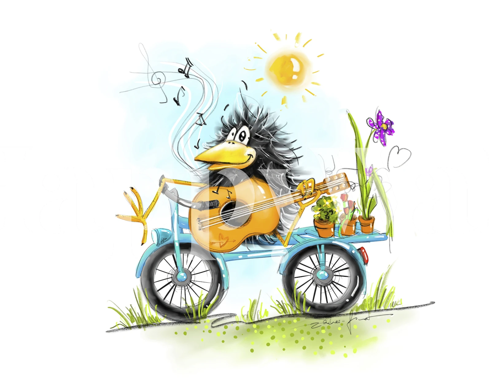 Cartoon bird with guitar, colorful plants, sunny background wallpaper