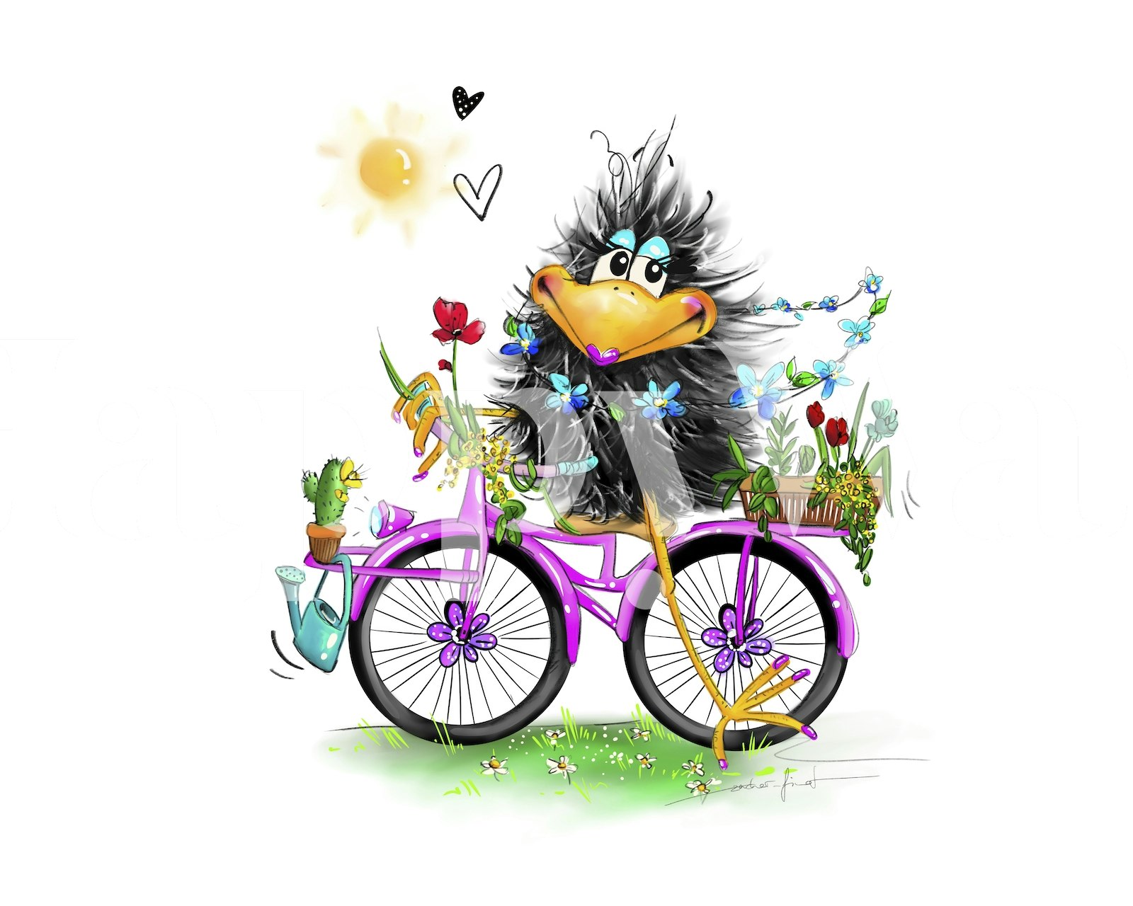 Colorful and playful raven on a purple bicycle wall mural art