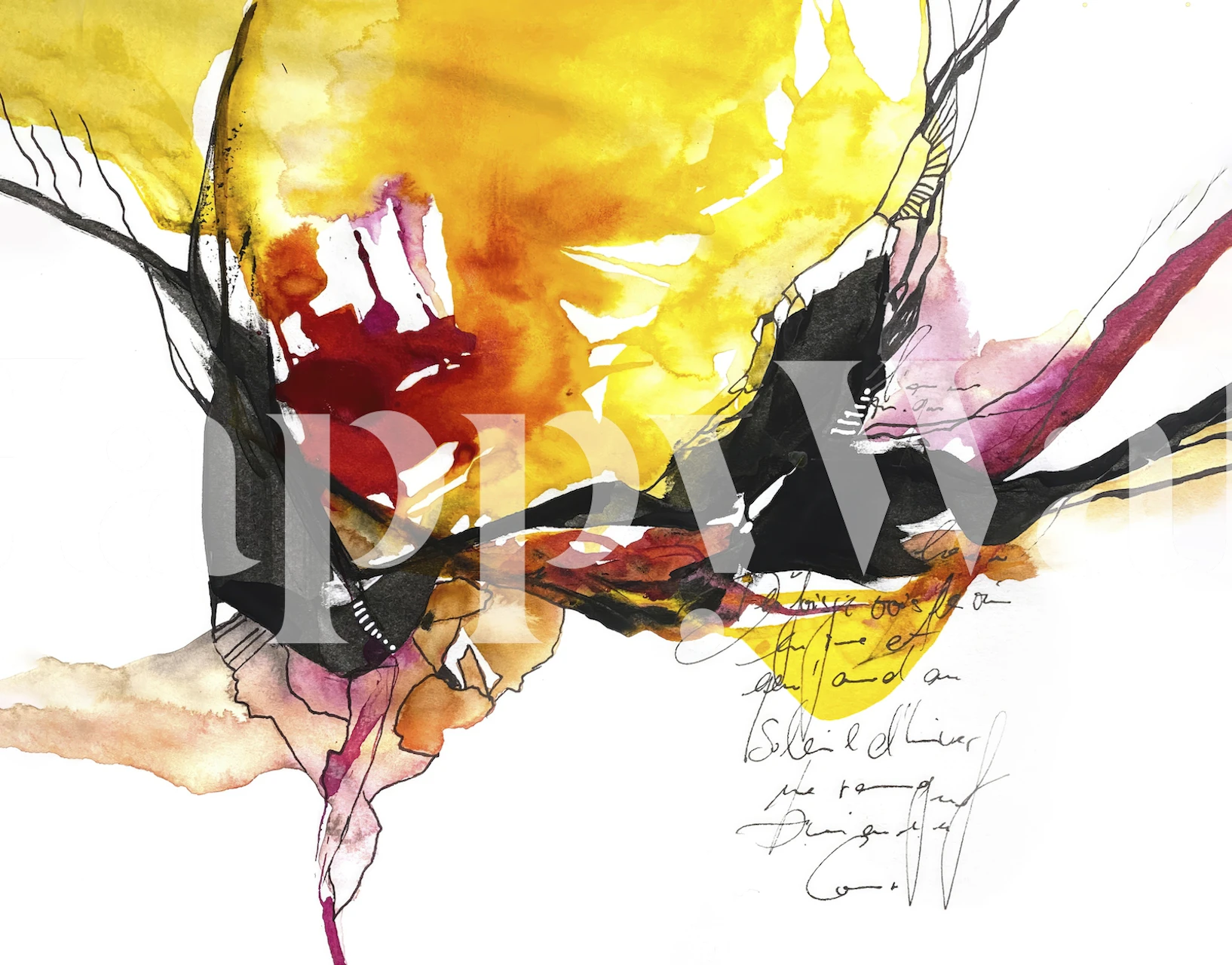 Abstract yellow and red watercolor design with black details wallpaper