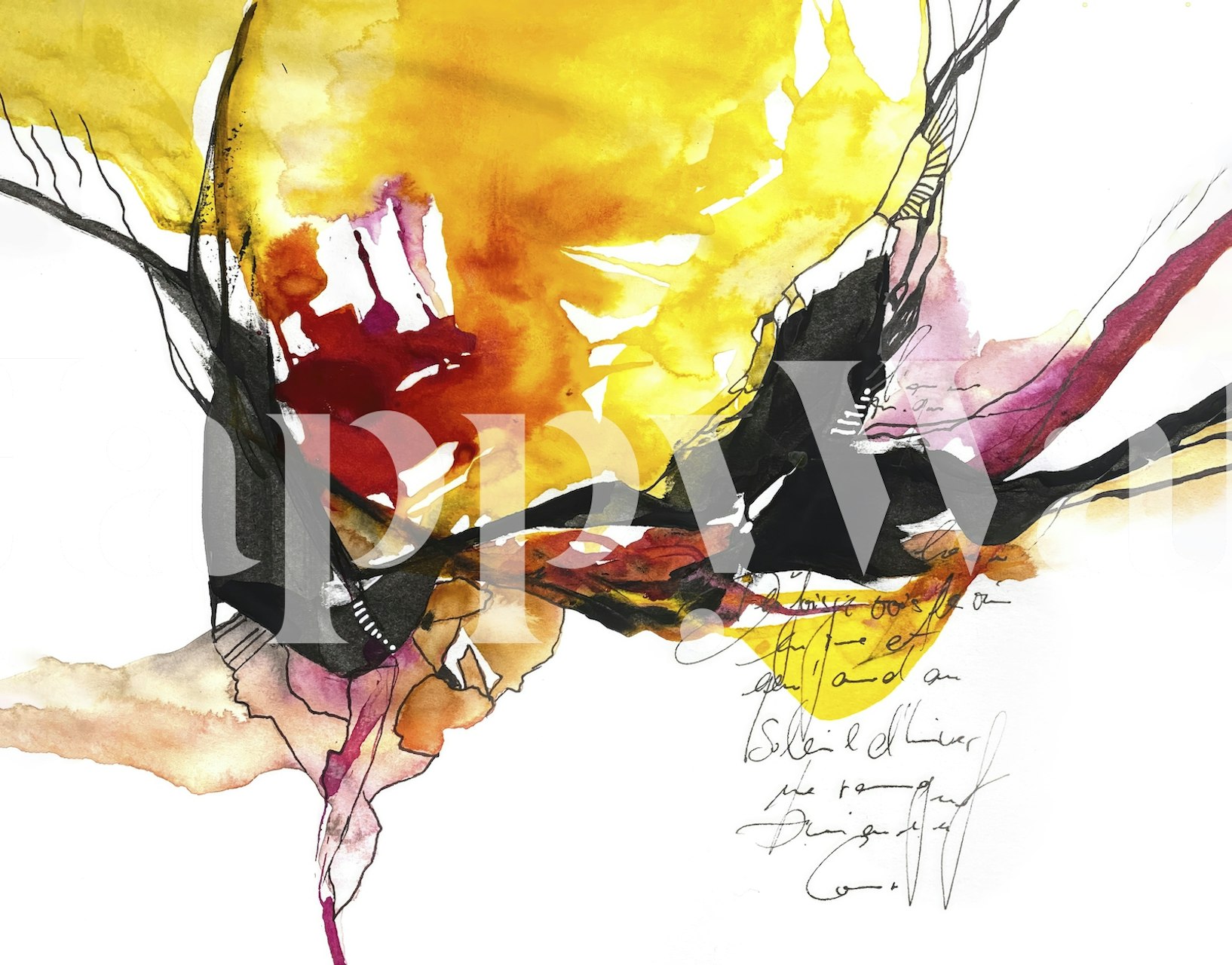 Abstract yellow and red watercolor design with black details wallpaper