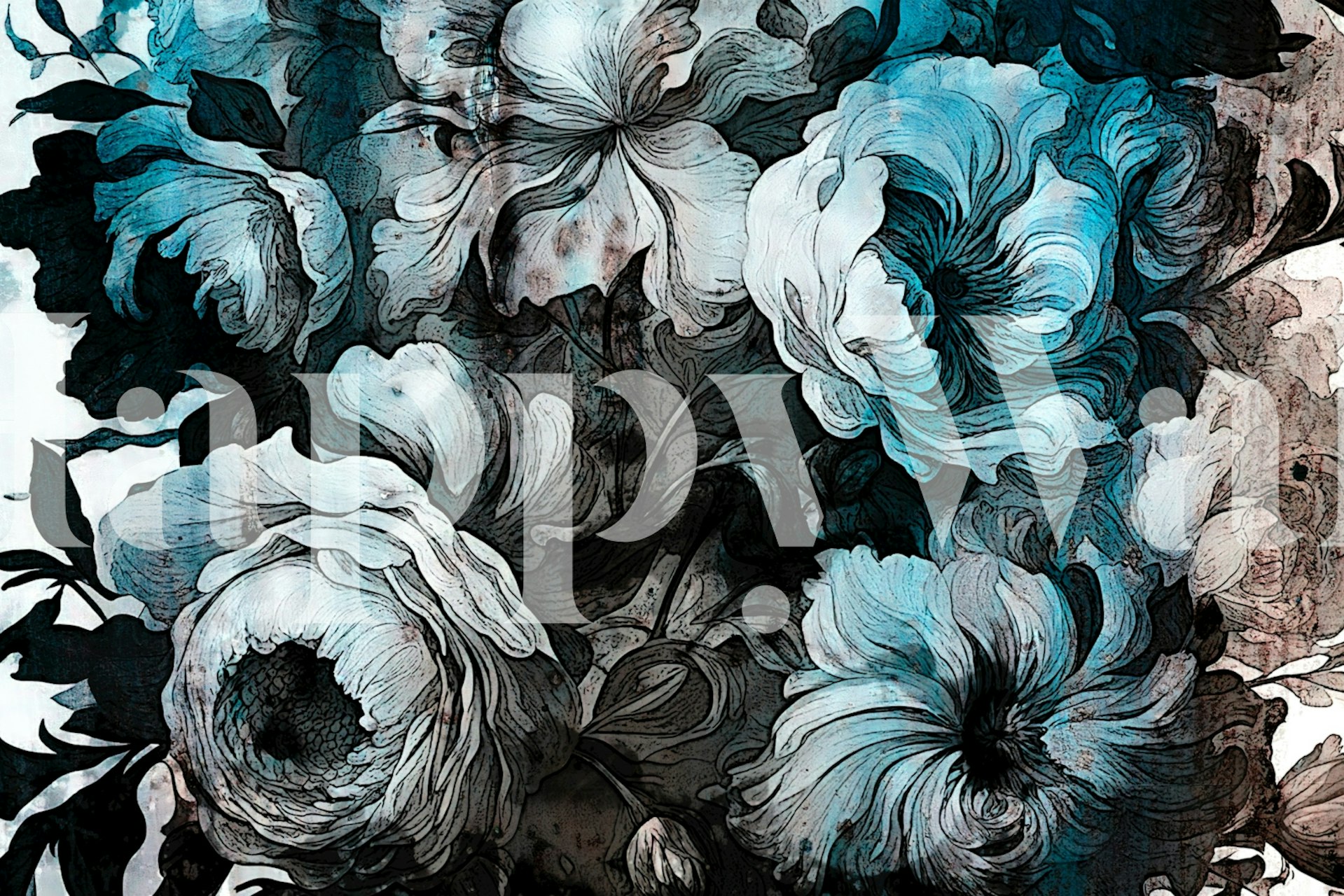 Ein Wandbild mit einem rustikalen Grunge-Design mit blauen und graustufigen Blumen.