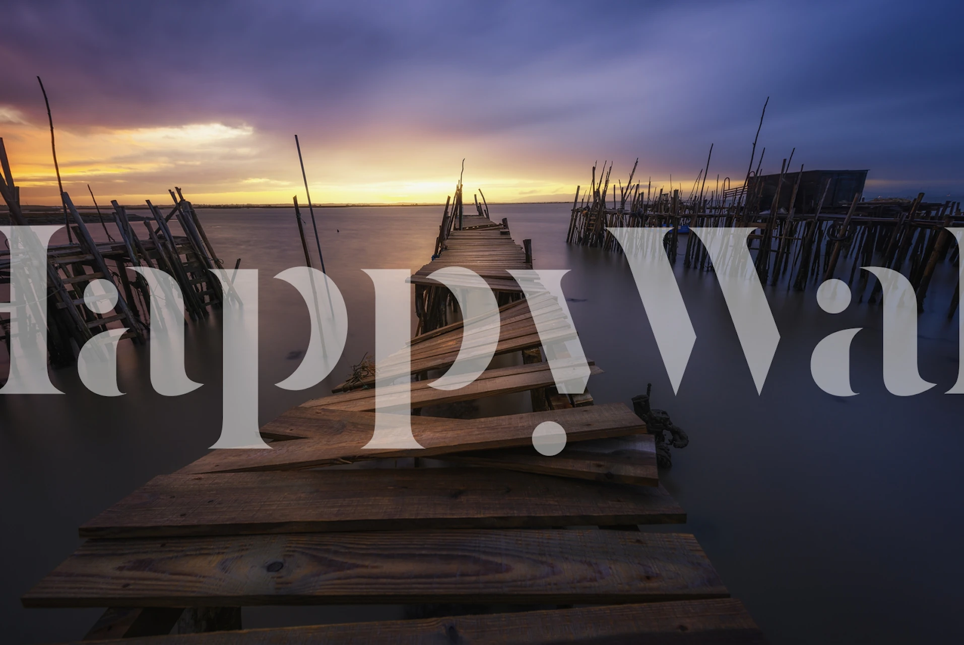 Sunset at a weathered pier wall mural