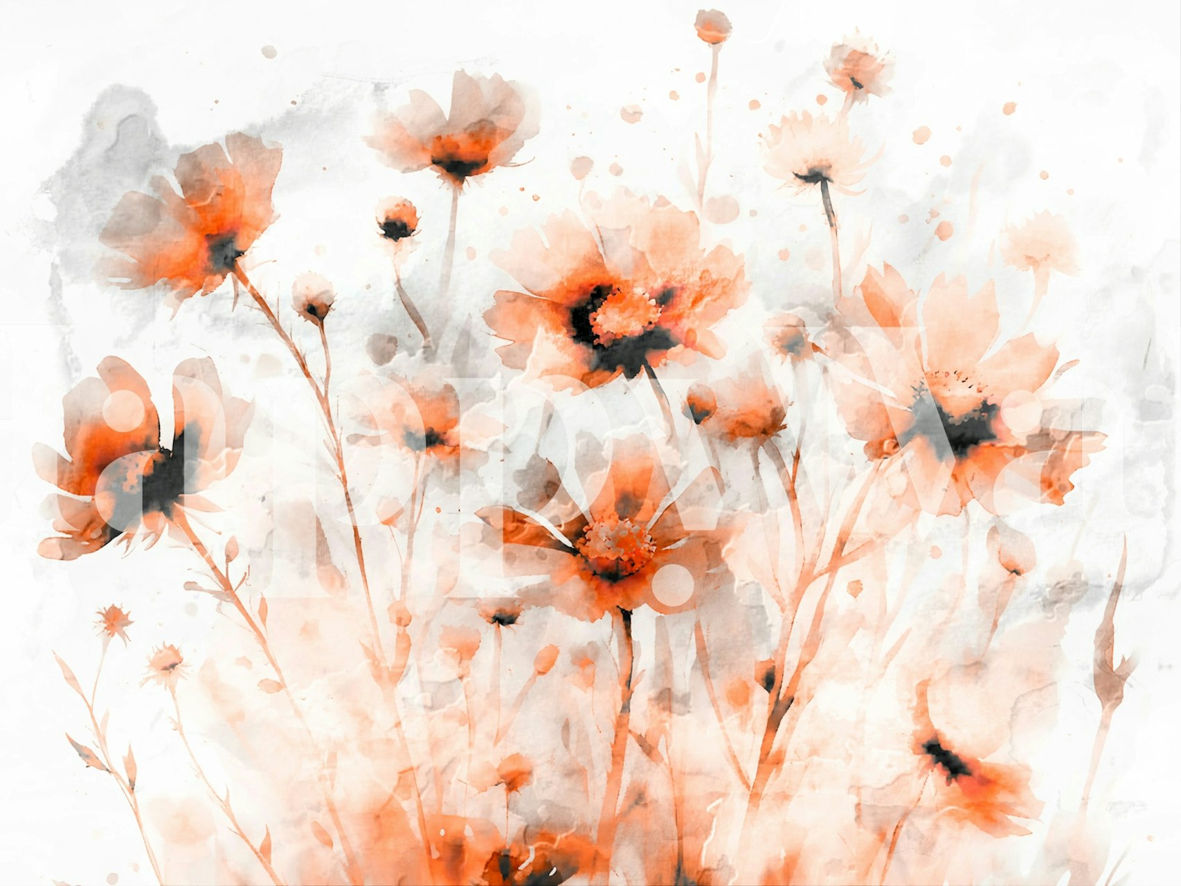 Peach floral designs with splashes of gray and watercolor style wallpaper
