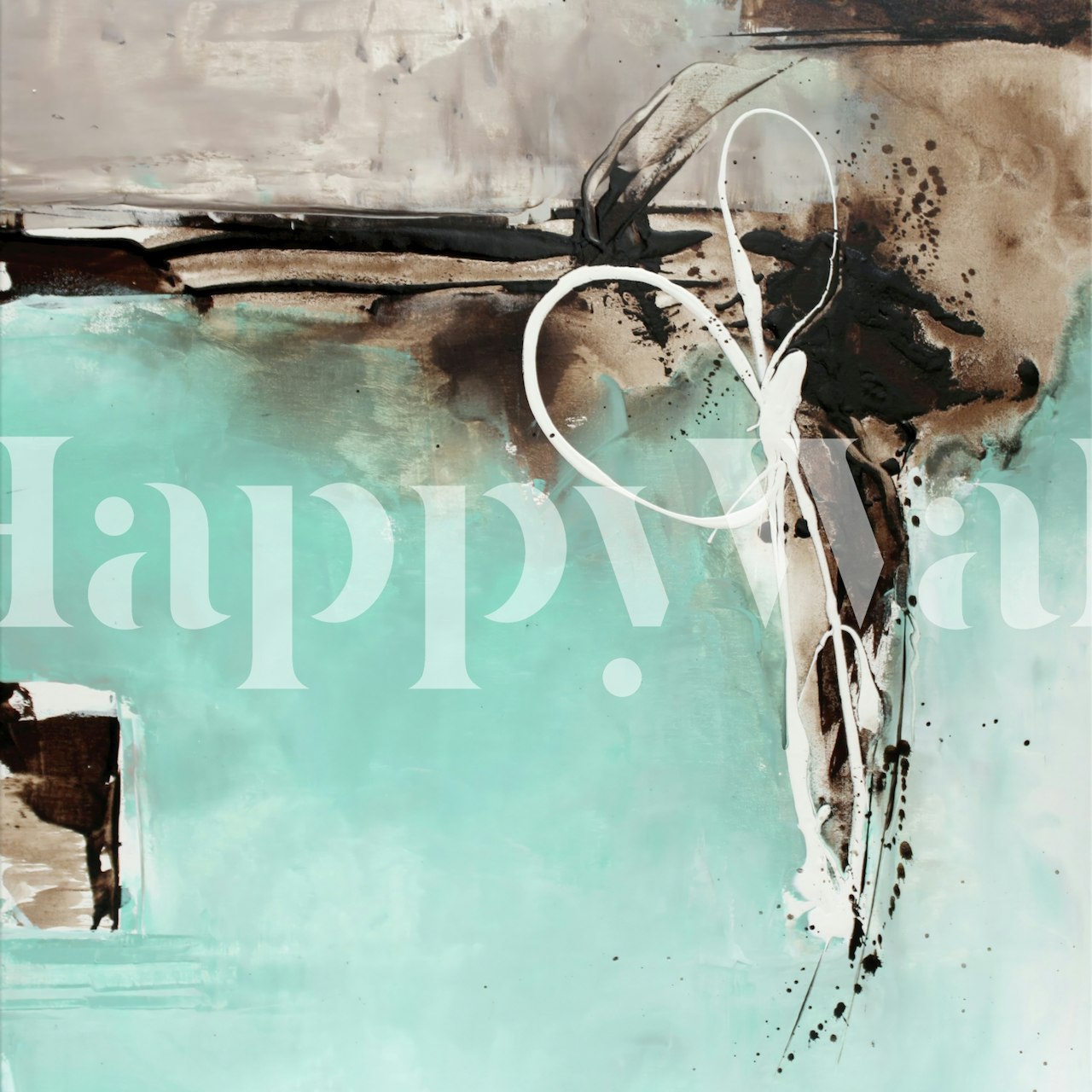 Abstract art wall mural featuring serene aqua tones with dark accents, ideal for modern home decor.