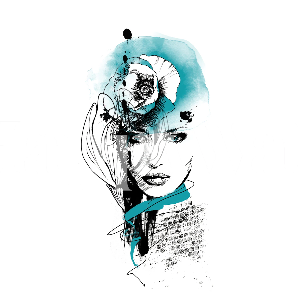 Silent Beauty Female Portrait seinädesign huoneessa