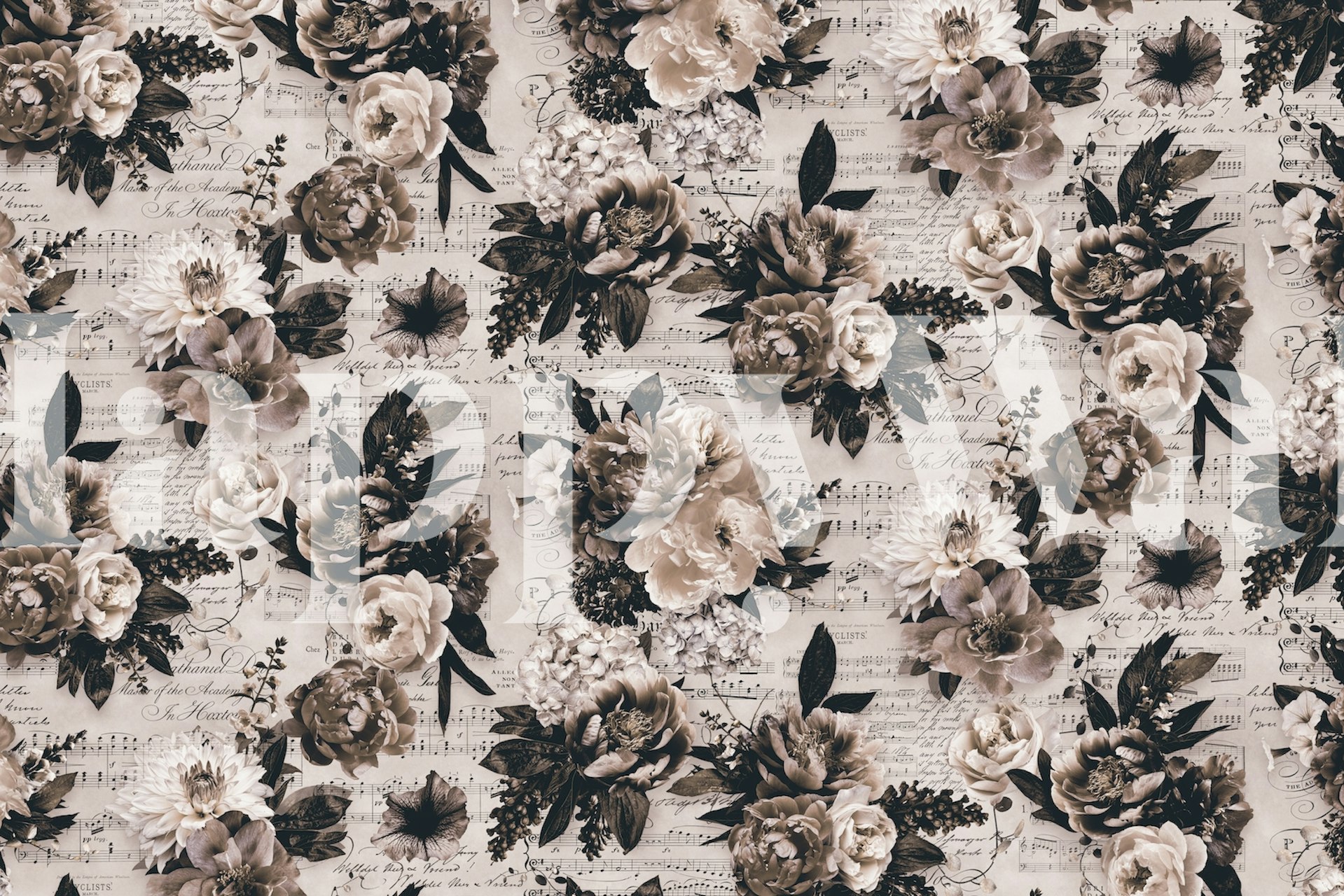 Vintage floral wallpaper featuring music notes, muted colors and elegant flowers.