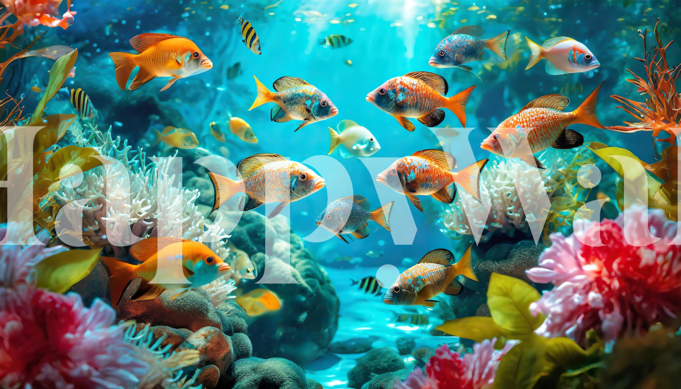 Colorful fish in an underwater scene with coral and seaweed wallpaper