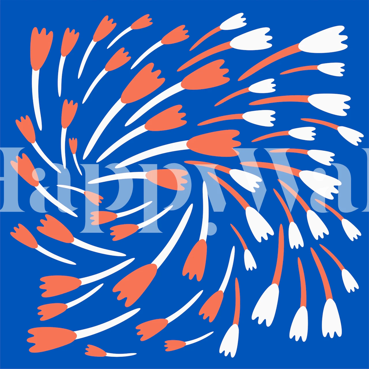 Blue floral wallpaper with white and orange blooms in a swirling pattern
