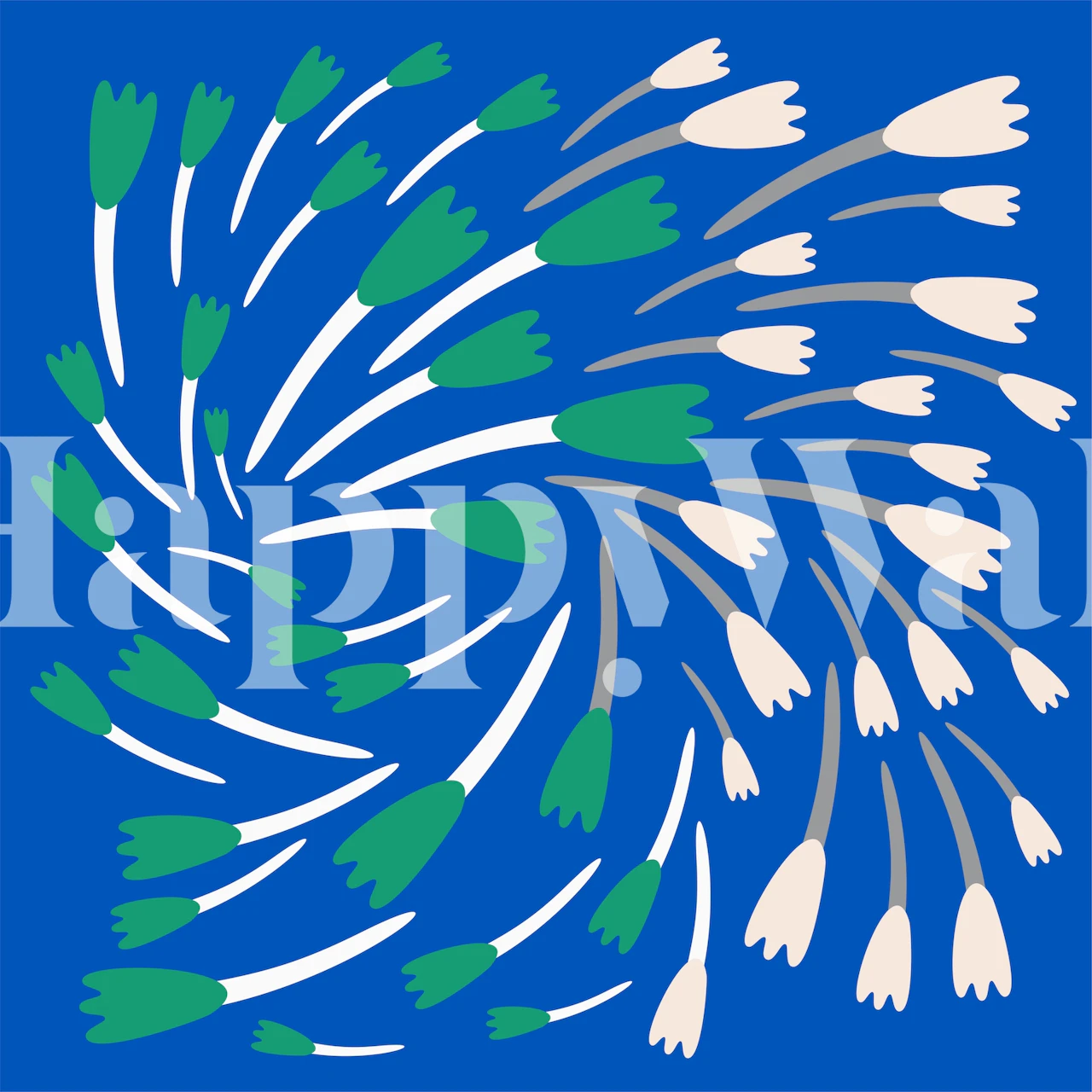 Naive tulips in white and green on blue background wallpaper