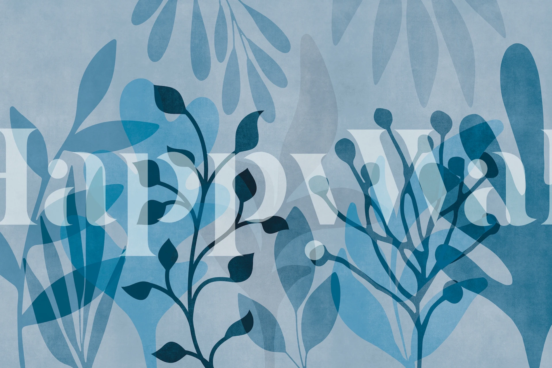 Blue tropical leaf patterns wall mural for serene home decor