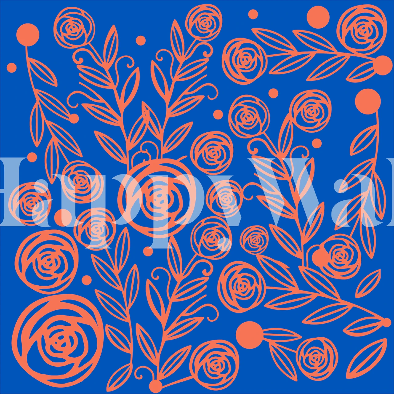 Hand-drawn rose garden wall mural with warm tones on blue background