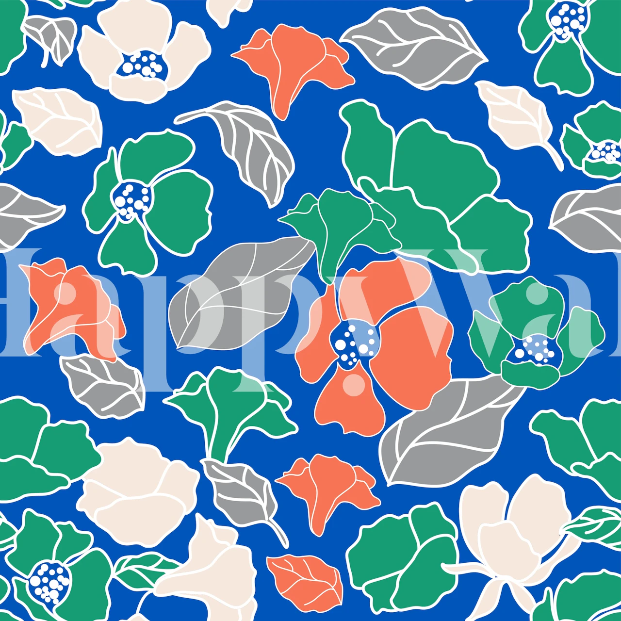 Vivid floral pattern with green leaves and orange flowers on a blue background wallpaper