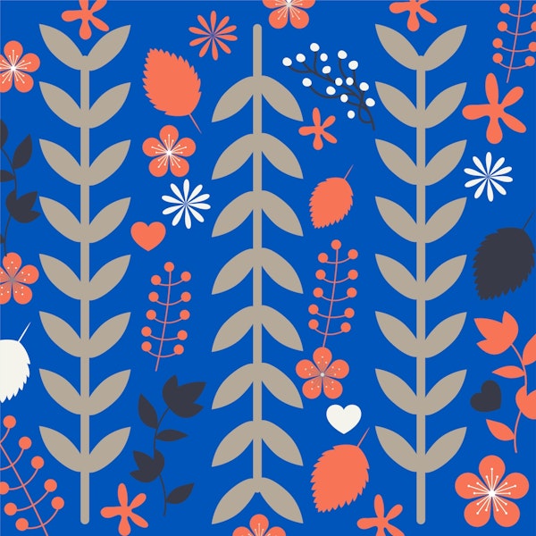 Floral pattern in denim blue orange