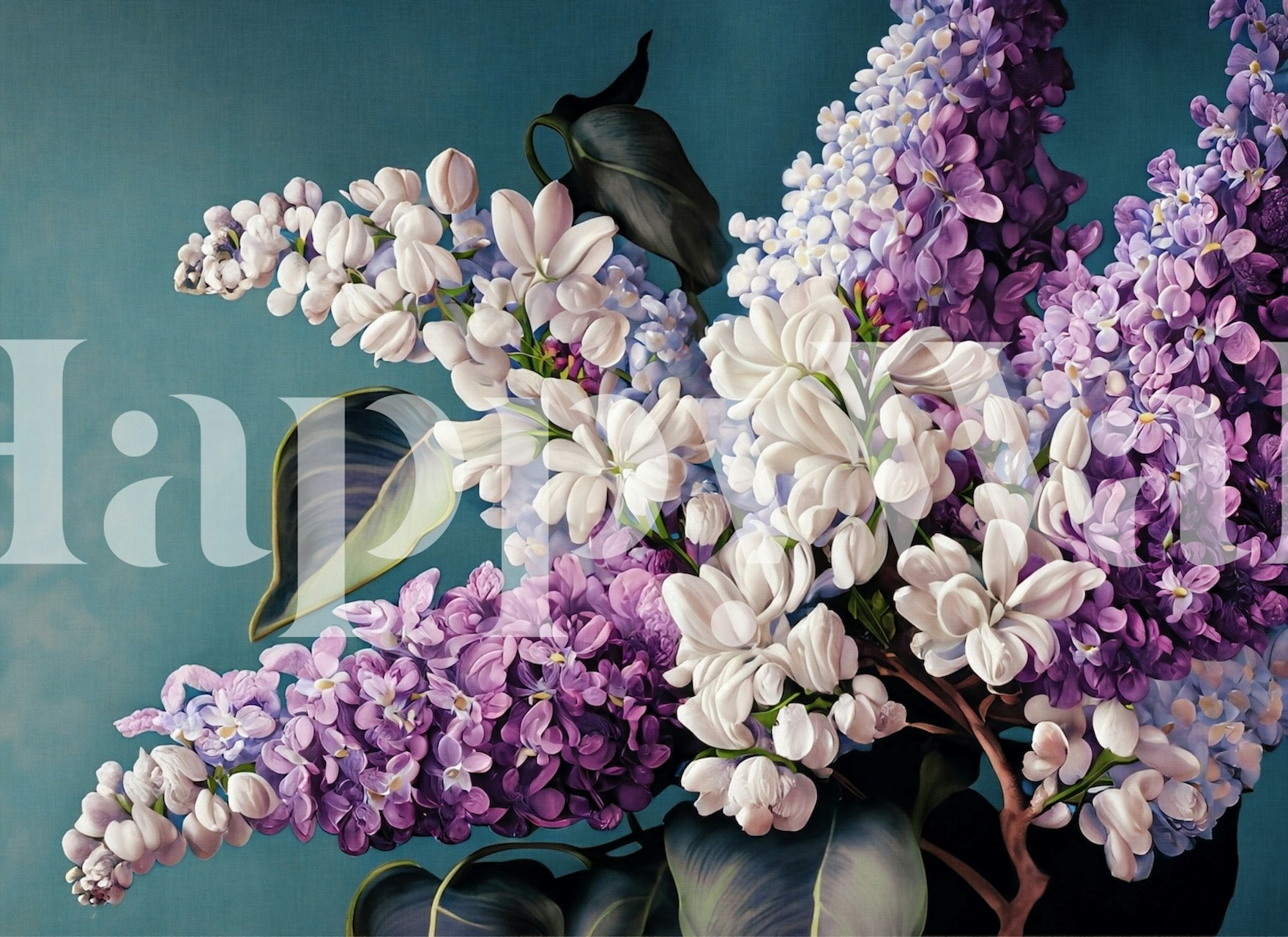 Lilac floral wallpaper featuring clusters of purple and white flowers with green leaves.