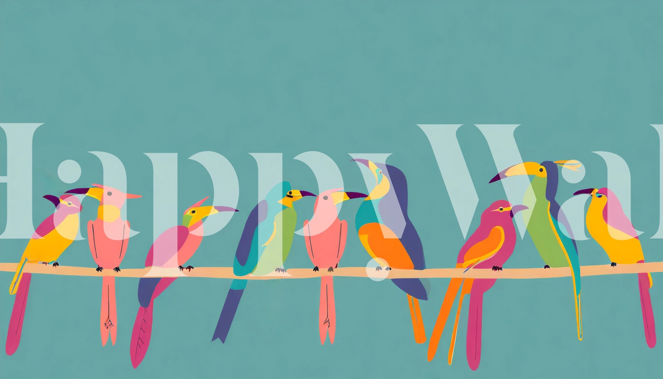 Illustration av stiliserade färgglada fåglar på en gren mot en kricka fondtapet