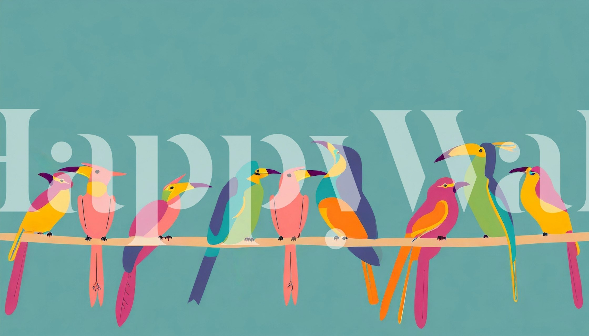 Εικονογράφηση στυλιζαρισμένων Colorful birds σε ένα κλαδί σε μια teal φόντο