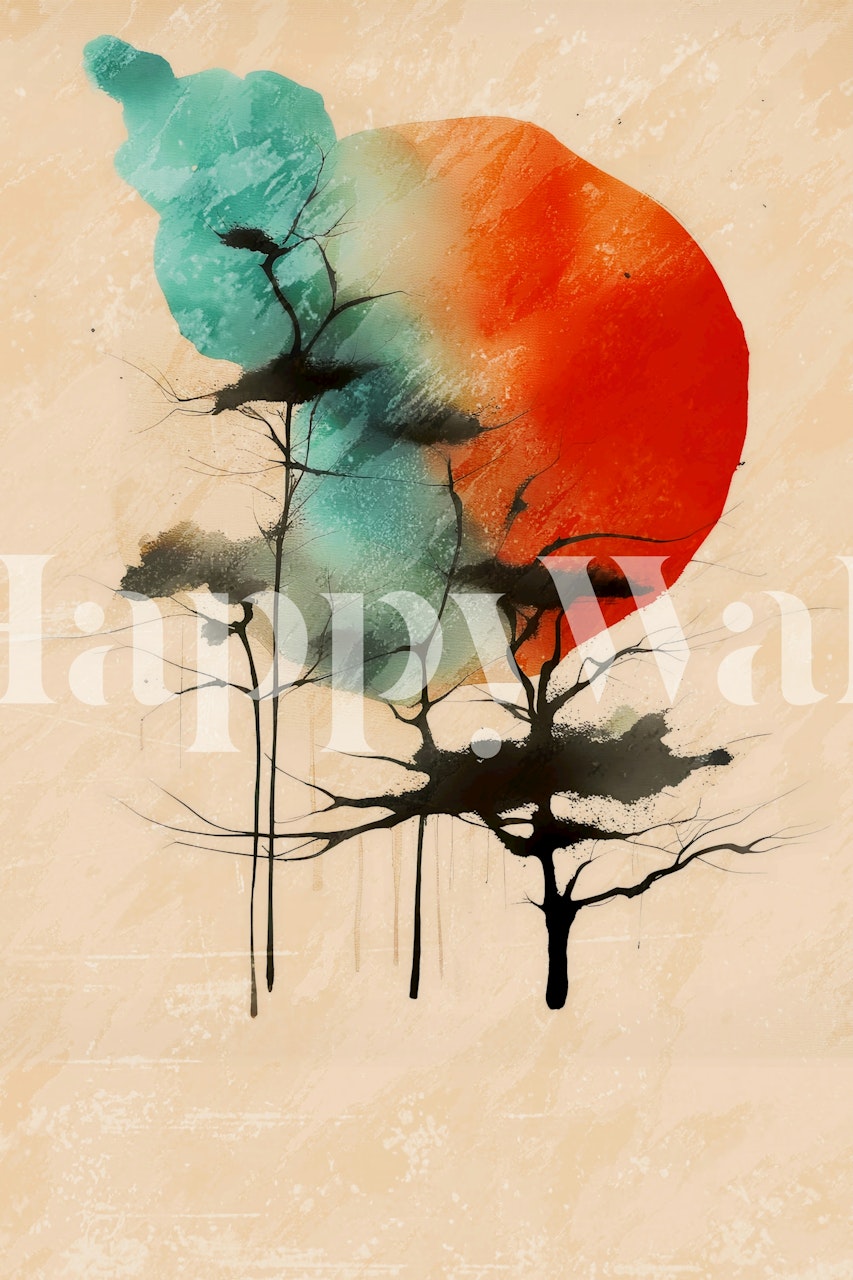 Red sun with teal and black trees on beige background wallpaper