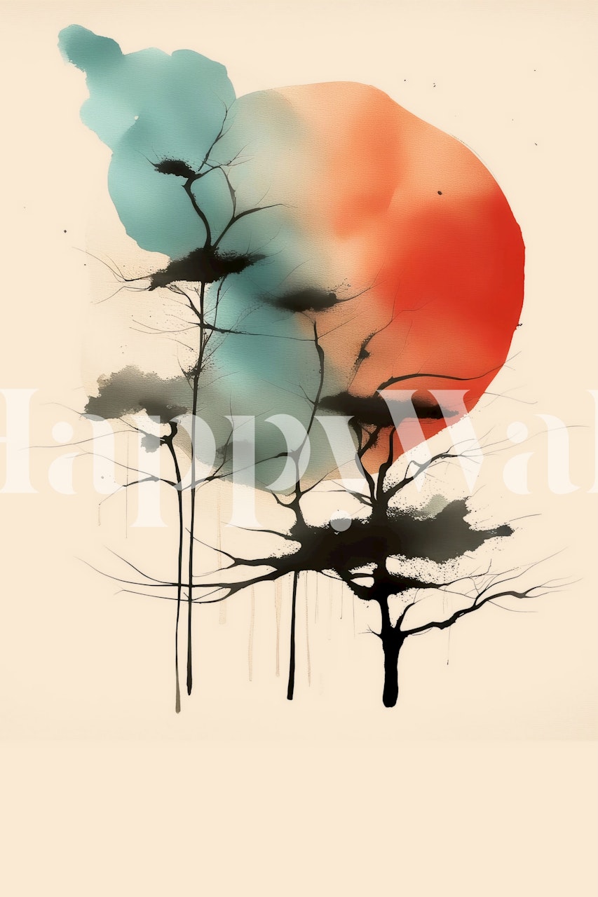 Fototapeta abstraktní japonský les se stromy a přechodem slunce