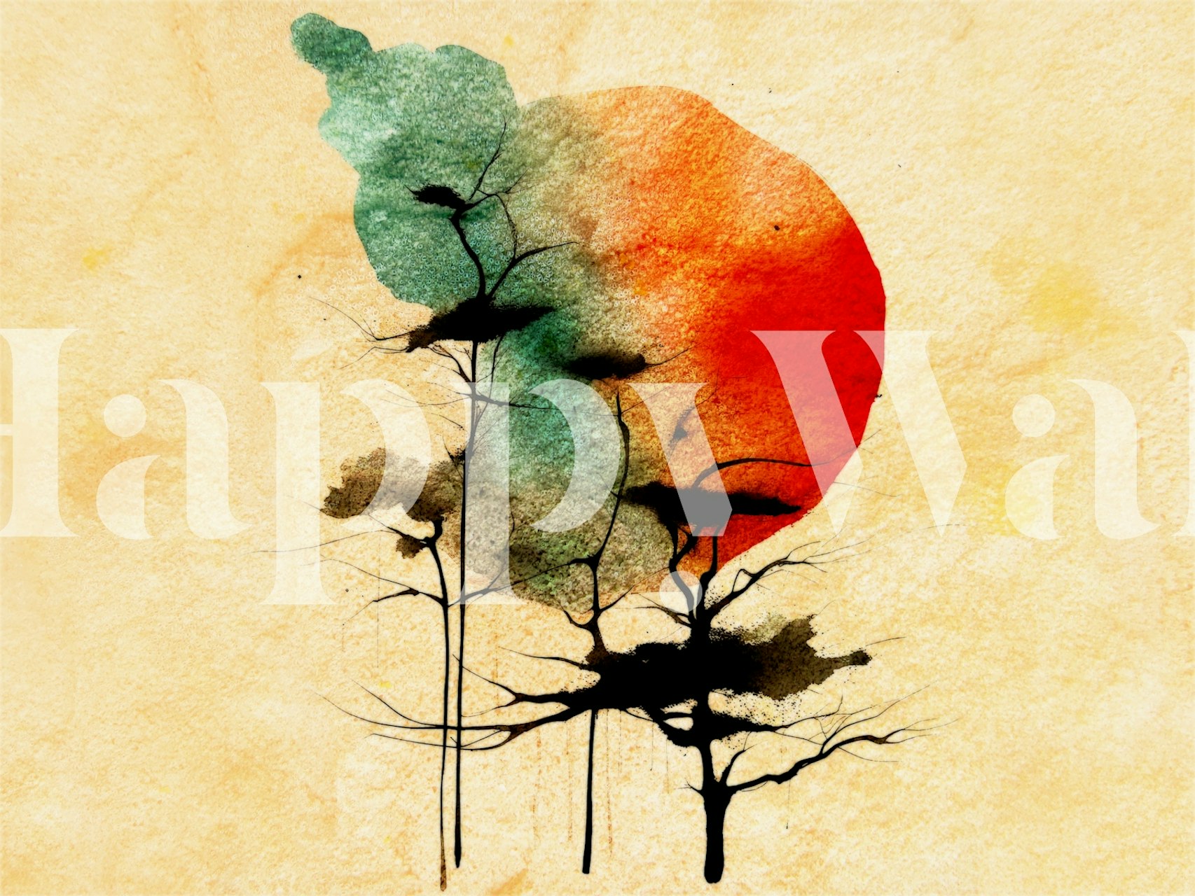 Abstract Japanese forest wall mural with trees and sun gradient