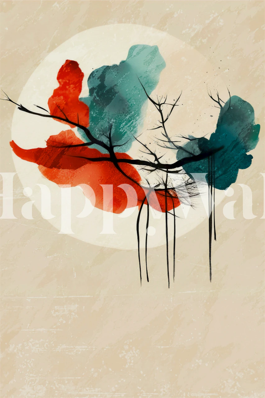 Abstract wallpaper in soft colors with branches and moon design