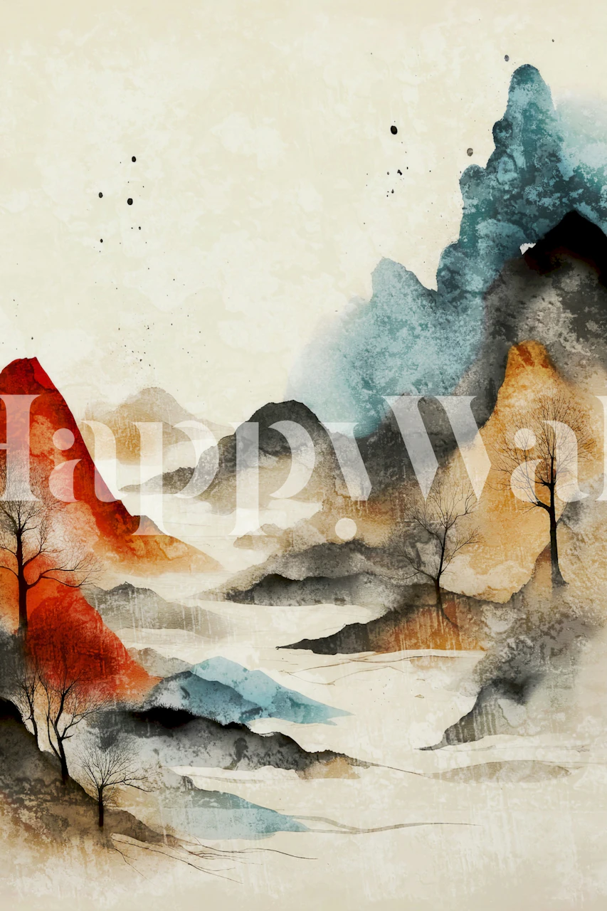 Red and blue mountain landscape wallpaper with trees