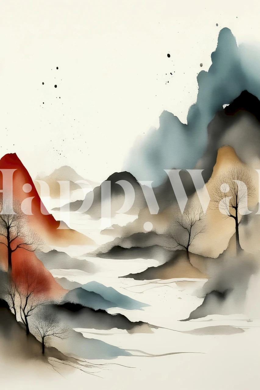 Abstraktes Japandi-Aquarell-Waldwandbild mit nebliger Landschaft und ruhigen Farbtönen