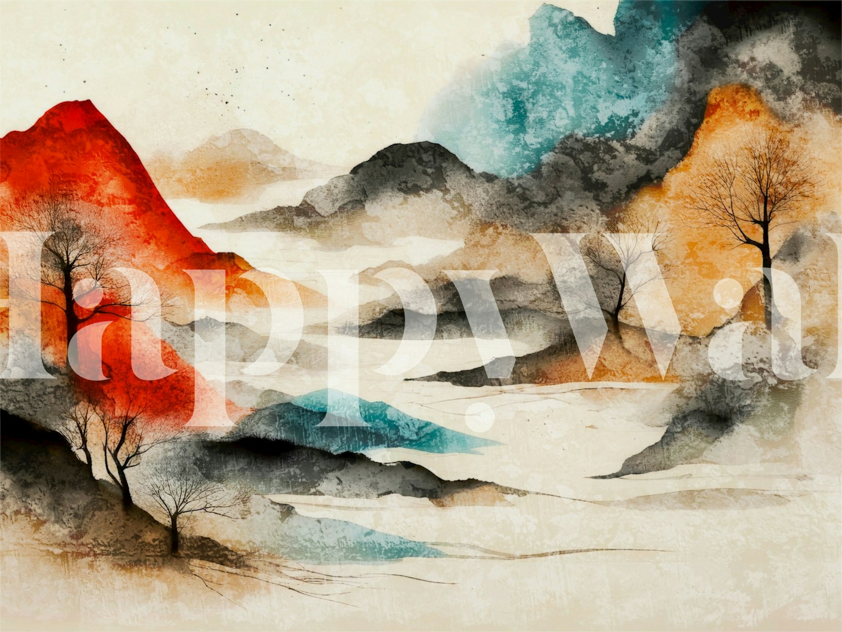 Japanese autumn forest landscape with red mountains and misty river wallpaper