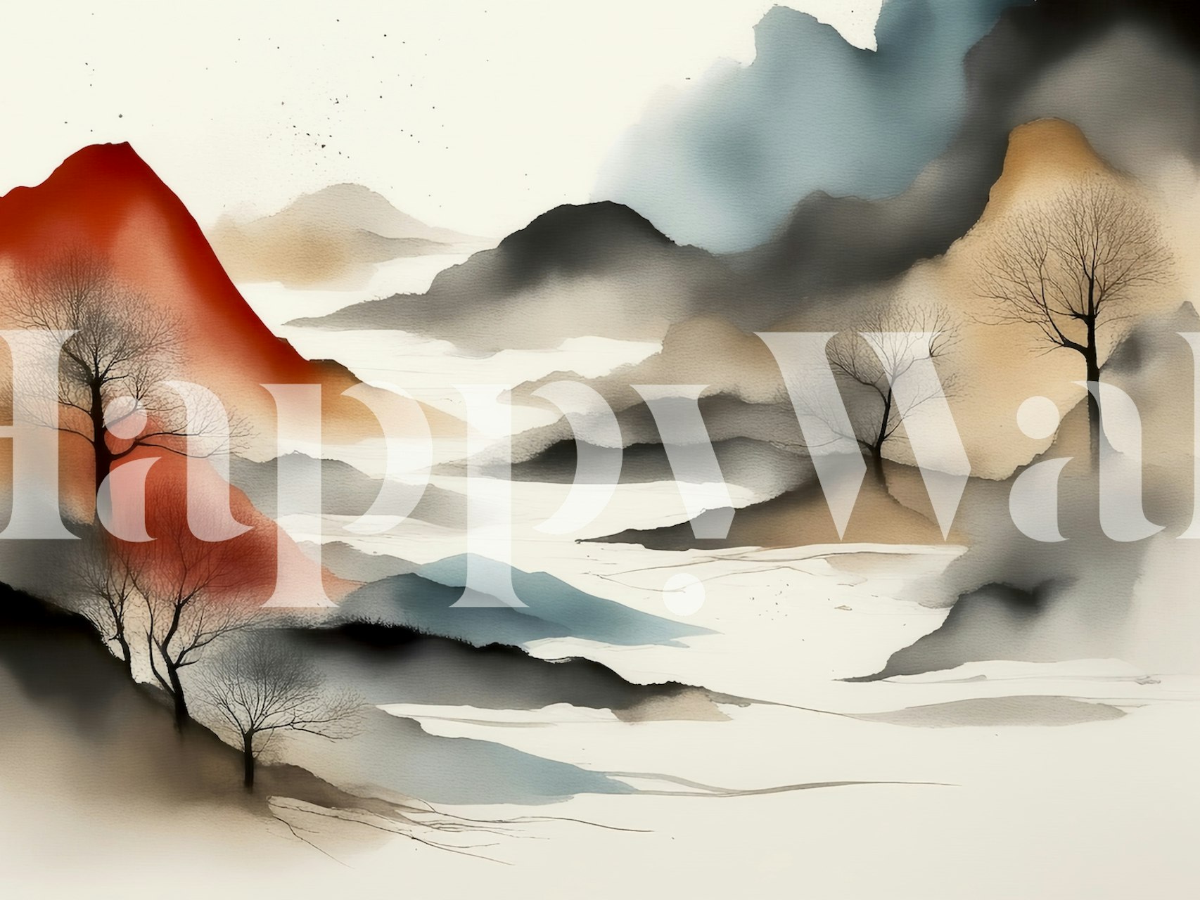 Umjetnički japanski planinski i šumski zidni mural s crvenim vrhom i maglovitim krajolikom