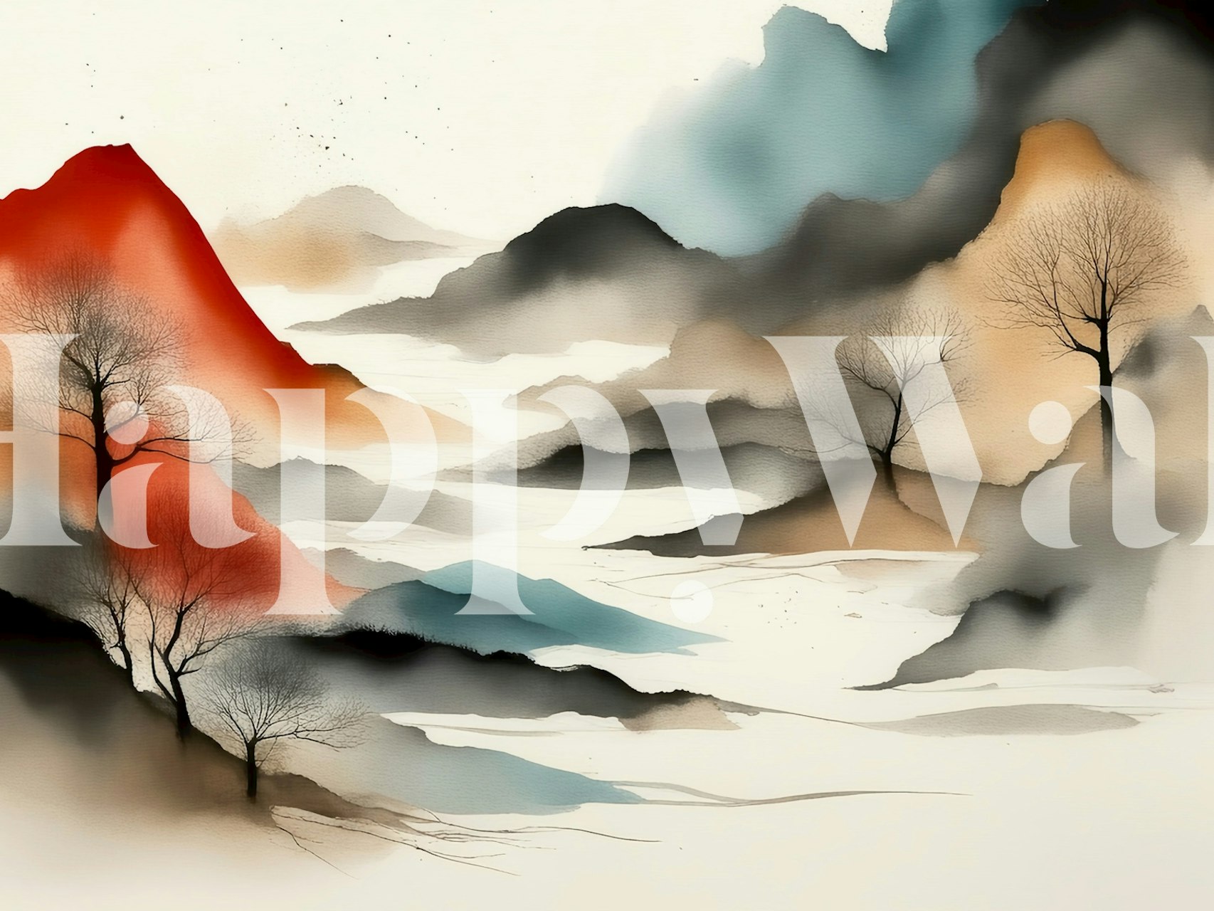 Artistieke Japanse berg- en bosmuurschildering met rode piek en mistig landschap